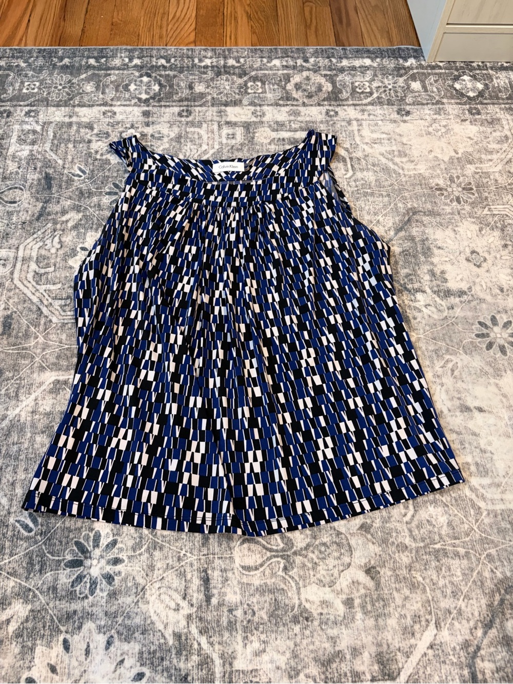 Calvin Klein Blue Black and White Geometric Pleated Tank